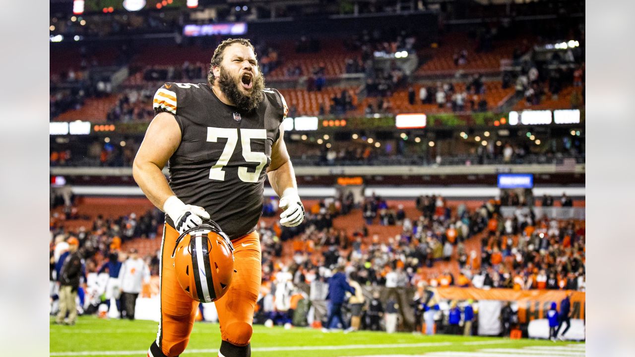 FILE - In this Sunday, Nov. 11, 2018 file photo, Cleveland Browns offensive  tackle Joel Bitonio celebrates after the Browns defeated the Atlanta  Falcons 28-16 in an NFL football game in Cleveland.