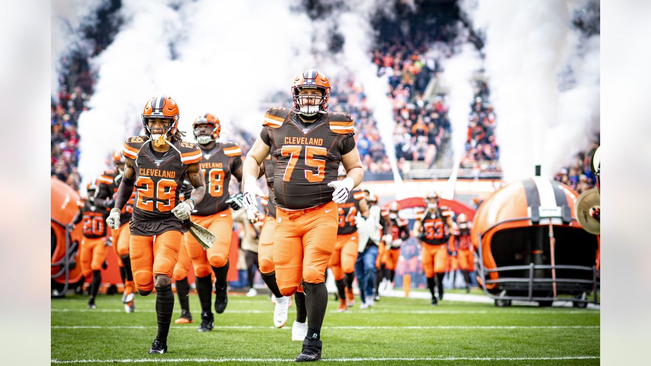 FILE - In this Sunday, Nov. 11, 2018 file photo, Cleveland Browns offensive  tackle Joel Bitonio celebrates after the Browns defeated the Atlanta  Falcons 28-16 in an NFL football game in Cleveland.