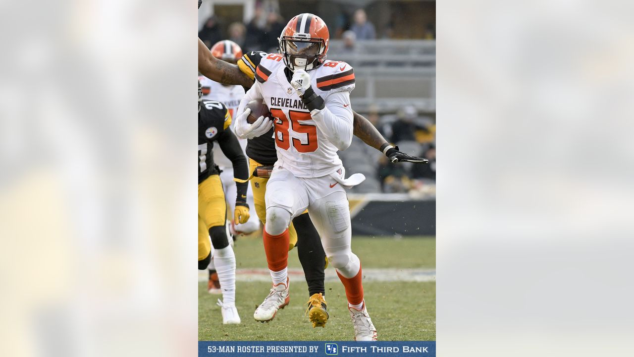 Cleveland, Ohio, USA. 9th Dec, 2018. Cleveland Browns tight end David Njoku  (85) and Carolina Panthers outside linebacker Thomas Davis (58) at the NFL  football game between the Carolina Panthers and the