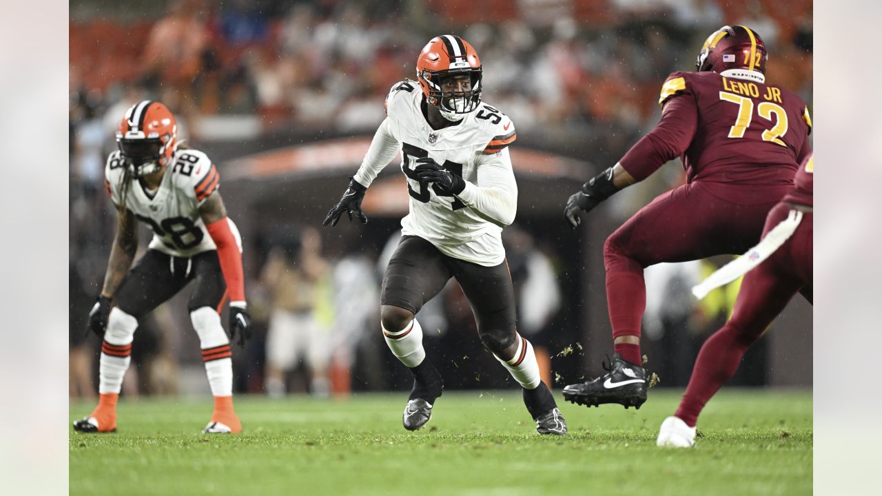 Washington Commanders defensive end Chase Young (99) warms up prior to the  start of an NFL pre-season football game against the Cleveland Browns,  Friday, Aug. 11, 2023, in Cleveland. (AP Photo/Kirk Irwin