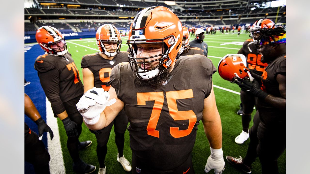 FILE - In this Sunday, Nov. 11, 2018 file photo, Cleveland Browns offensive  tackle Joel Bitonio celebrates after the Browns defeated the Atlanta  Falcons 28-16 in an NFL football game in Cleveland.