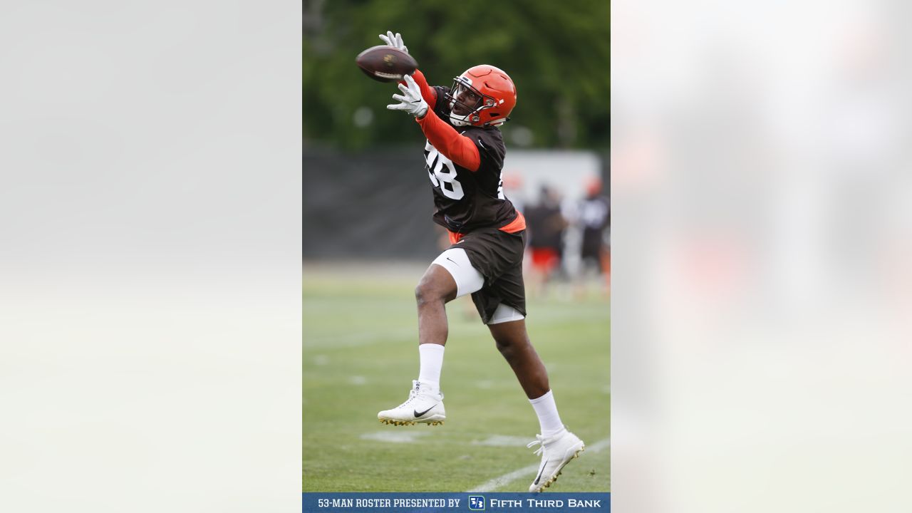 Cleveland Browns tight end Orson Charles catches a pass during an NFL  football organized team activity session at the team's training facility,  Thursday, May 30, 2019, in Berea, Ohio. (AP Photo/Tony Dejak