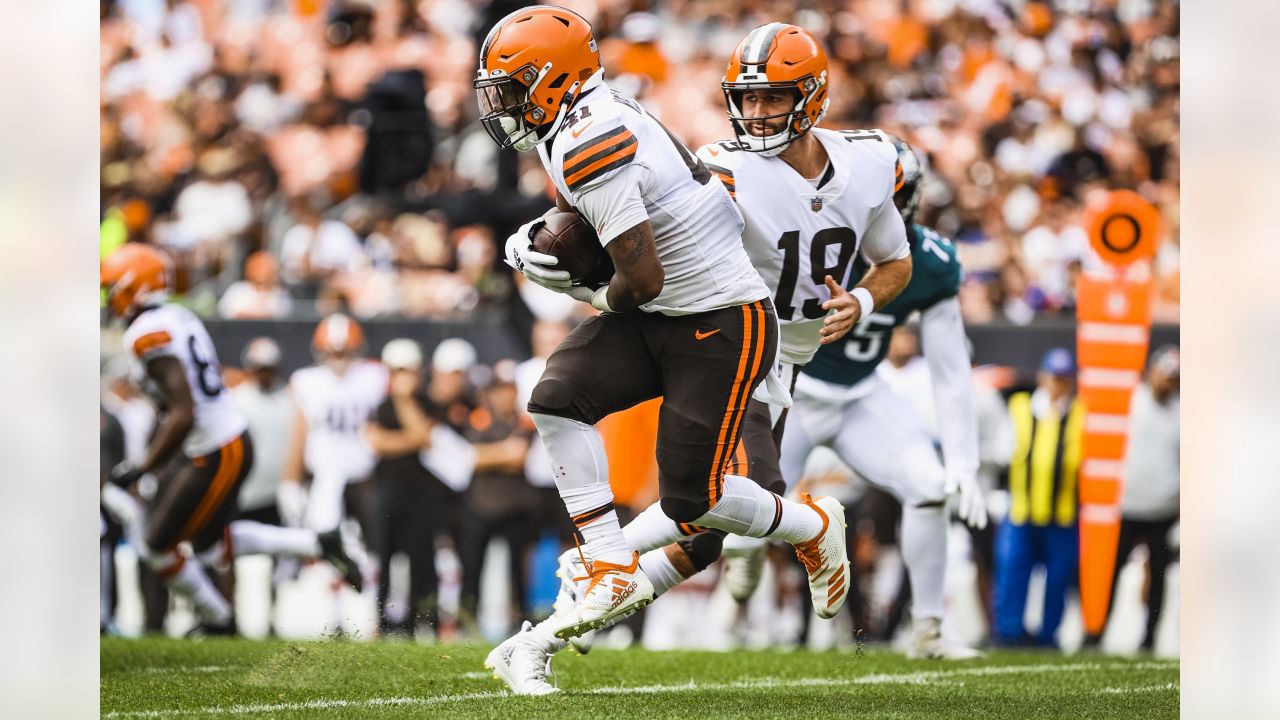 Cleveland Browns quarterback Joshua Dobbs (15) looks to hand off the ball  during an NFL pre-season football game against the Cleveland Browns,  Friday, Aug. 11, 2023, in Cleveland. (AP Photo/Kirk Irwin Stock