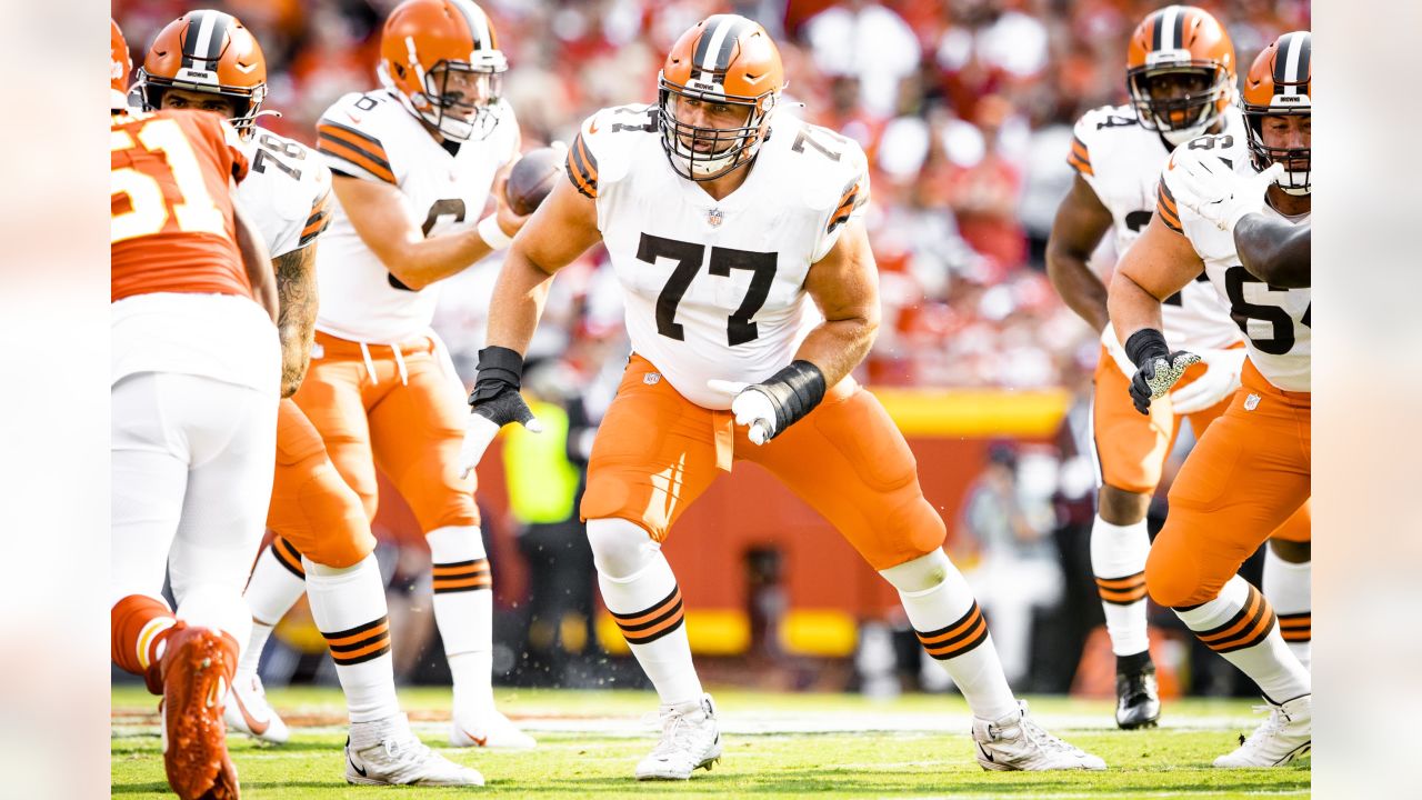 FILE - In this Sunday, Nov. 11, 2018 file photo, Cleveland Browns offensive  tackle Joel Bitonio celebrates after the Browns defeated the Atlanta  Falcons 28-16 in an NFL football game in Cleveland.