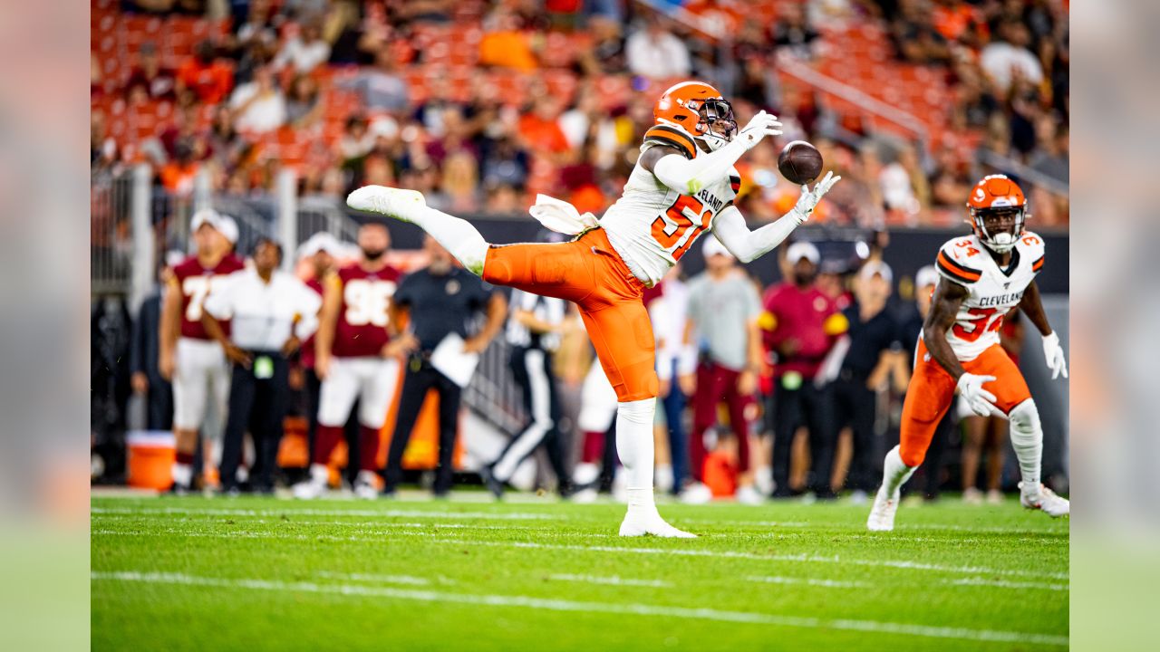 Cleveland Browns wide receiver Damon Sheehy-Guiseppi catches a pass during  practice at the NFL football team's training camp facility, Saturday, July  27, 2019, in Berea, Ohio. (AP Photo/Tony Dejak Stock Photo 