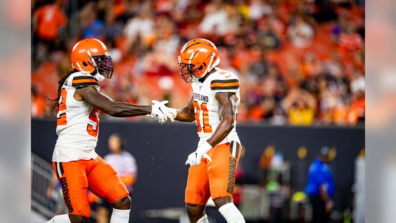 November 14, 2021: Cleveland Browns outside linebacker Mack Wilson Sr. (51)  before the NFL football game between the Cleveland Browns and the New  England Patriots at Gillette Stadium, in Foxborough, Massachusetts. The