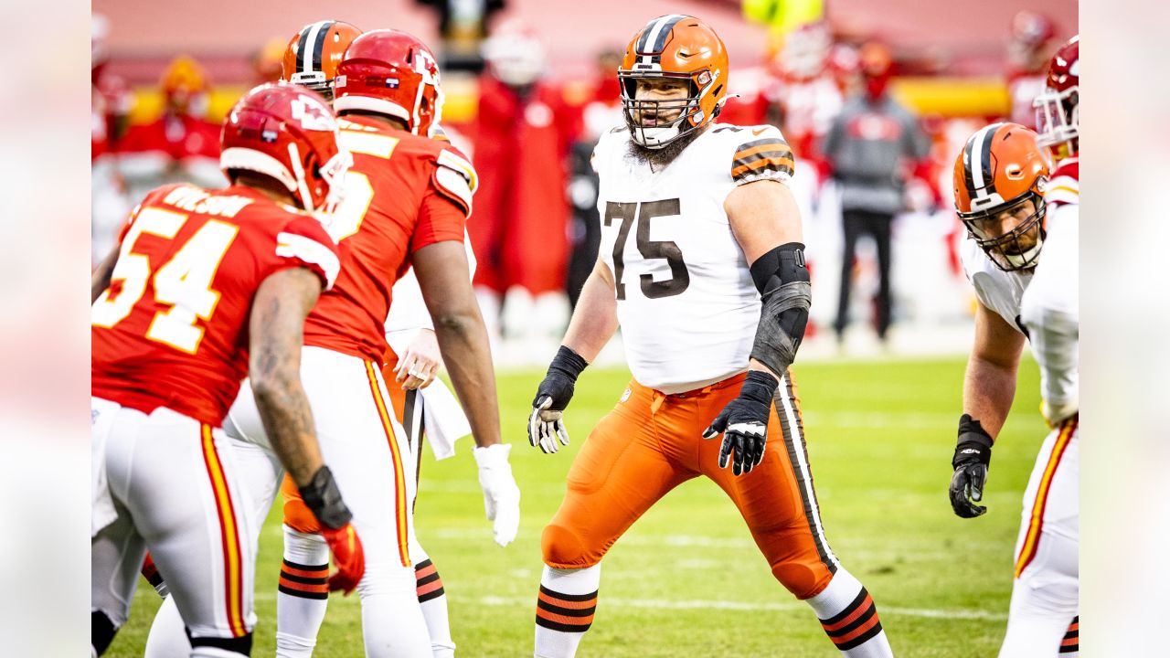 FILE - In this Sunday, Nov. 11, 2018 file photo, Cleveland Browns offensive  tackle Joel Bitonio celebrates after the Browns defeated the Atlanta Falcons  28-16 in an NFL football game in Cleveland.