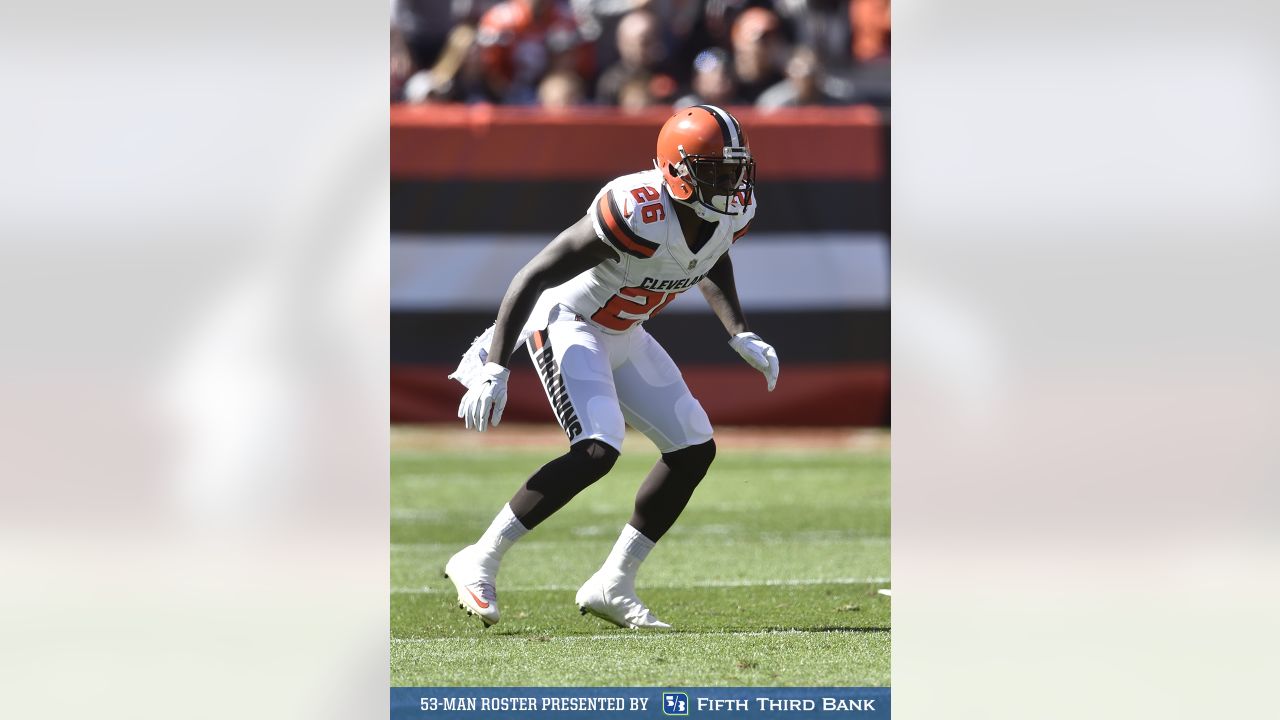 Buffalo Bills strong safety Micah Hyde, right, exchanges jersey's with  Cleveland Browns strong safety Damarious Randall after an NFL football game,  Sunday, Nov. 10, 2019, in Cleveland. (AP Photo/Ron Schwane Stock Photo 