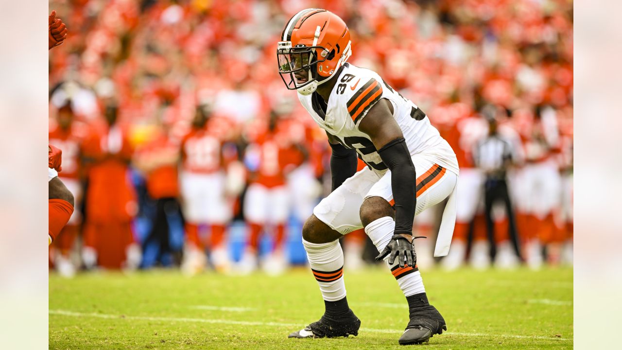 Cleveland Browns safety Rodney McLeod (26) scores a touchdown after an  intercepting during an NFL preseason football game against the Kansas City  Chiefs Saturday, Aug. 26, 2023, in Kansas City, Mo. (AP