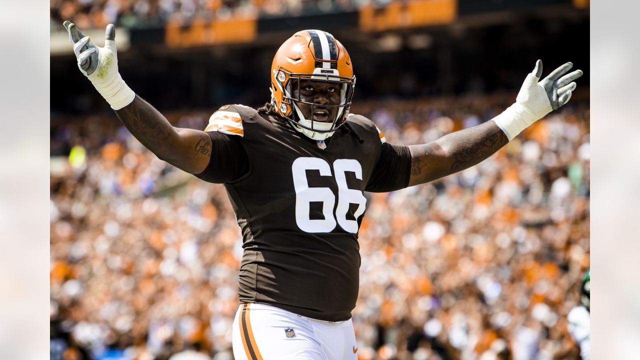 Cleveland Browns offensive tackle James Hudson III (66) lines up