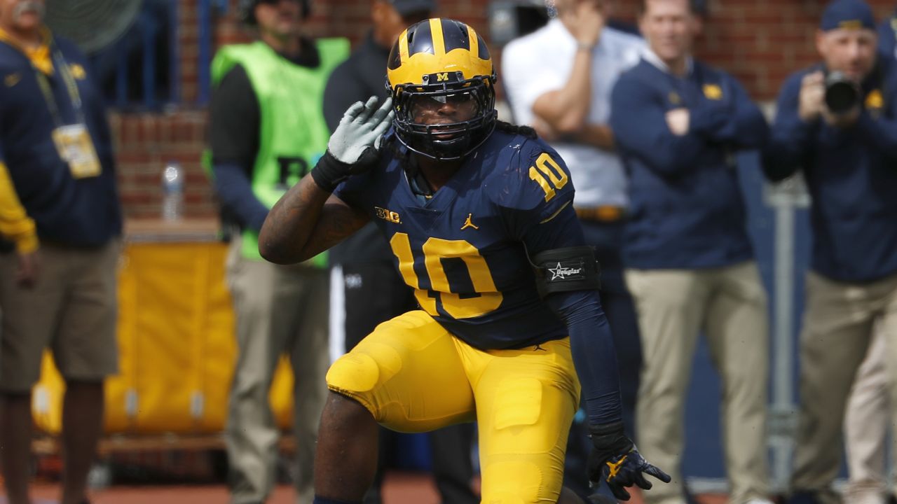 Michigan linebacker Devin Bush celebrates a stop against Nebraska in the first half of an NCAA football game in Ann Arbor, Mich., Saturday, Sept. 22, 2018. (AP Photo/Paul Sancya)