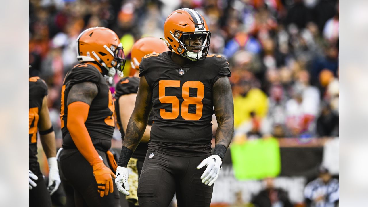 CLEVELAND, OH - NOVEMBER 27: A Cleveland Browns helmet on the field prior  to the National Football League game between the Tampa Bay Buccaneers and  Cleveland Browns on November 27, 2022, at