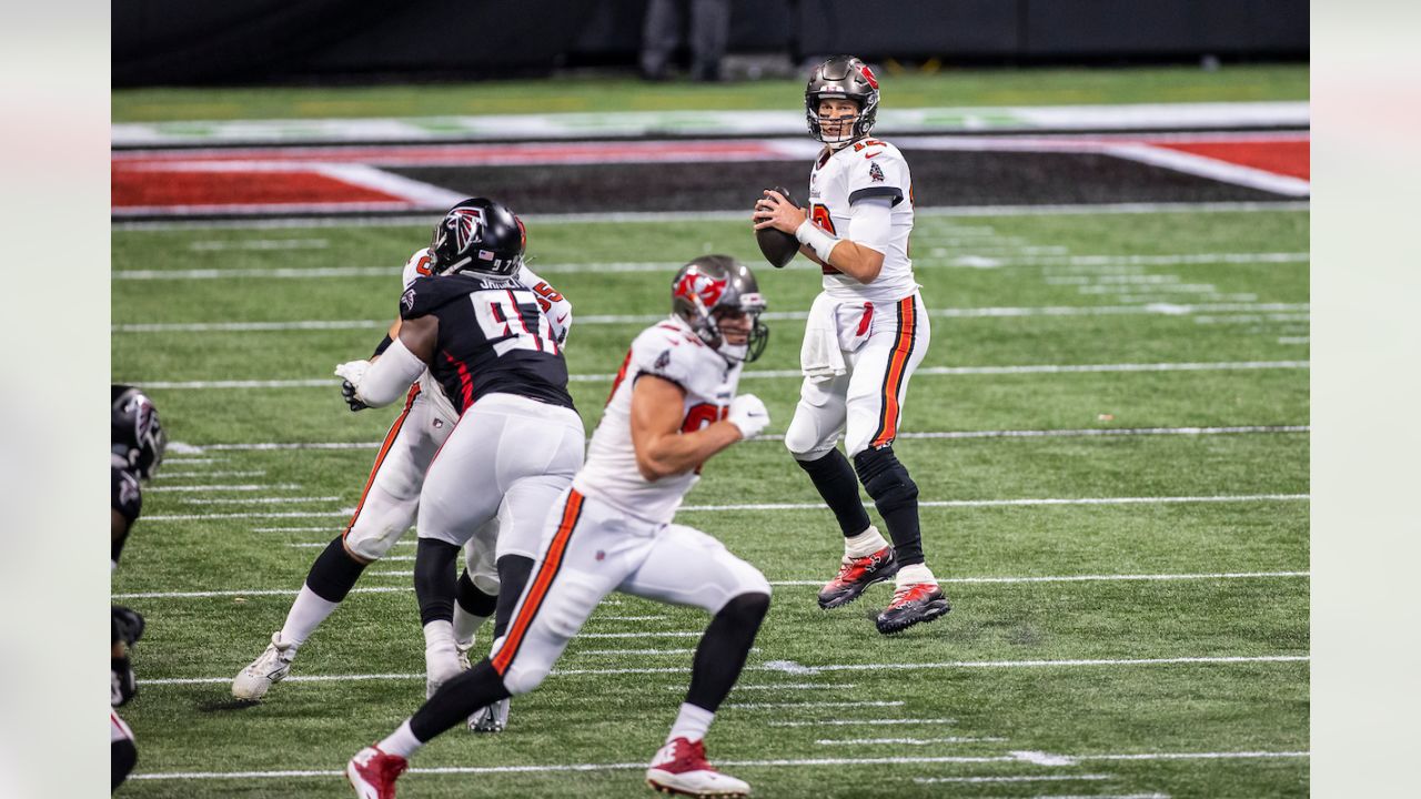 ATLANTA, GA - DECEMBER 20: Linebacker Deion Jones #45 of the Atlanta Falcons  sacks quarterback Tom Brady #12 of the Tampa Bay Buccaneers during the Week  15 NFL game between the Atlanta