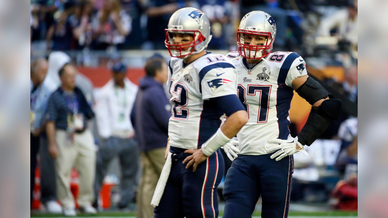 New England Patriots quarterback Tom Brady (12) stands during pre game  warmups before the game against