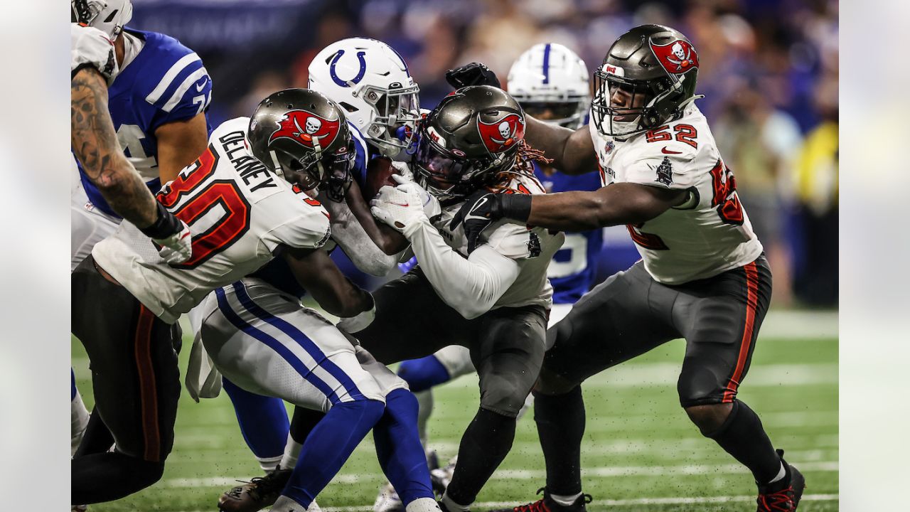 Tampa Bay Buccaneers inside linebacker Grant Stuard (48) lines up for a  kickoff return during an NFL football game against the Indianapolis Colts,  Sunday, Nov. 28, 2021, in Indianapolis. (AP Photo/Zach Bolinger