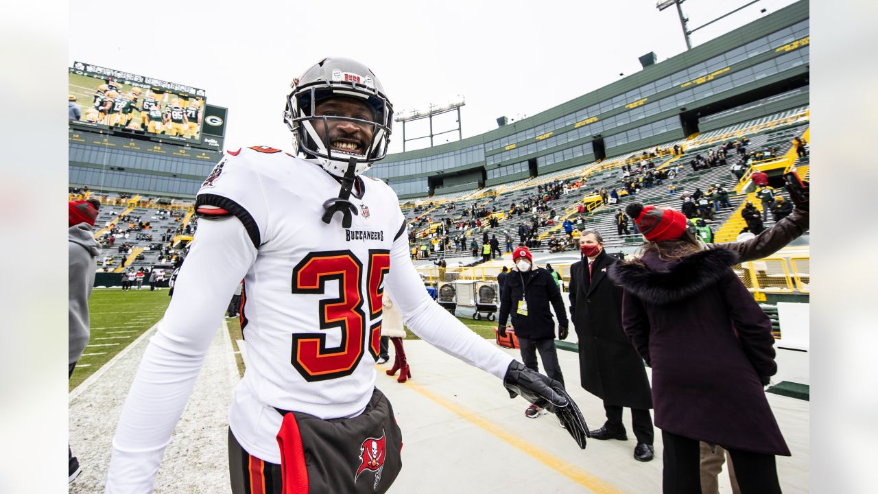 Tampa Bay Buccaneers cornerback Jamel Dean (35) walks off the field at  halftime during an NFL football game against the Seattle Seahawks at  Allianz Arena in Munich, Germany, Sunday, Nov. 13, 2022.