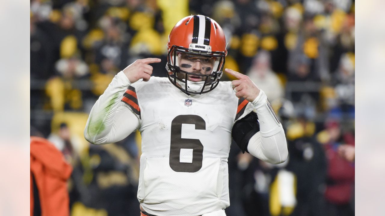 FILE - In this Nov. 24, 2019, file photo, Cleveland Browns quarterback  Baker Mayfield (6) looks to pass in the first quarter of an NFL football  game against the Miami Dolphins in