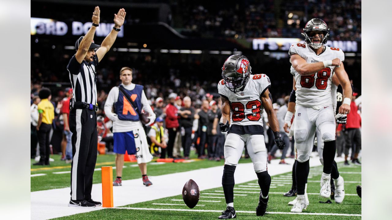 Tampa Bay Buccaneers wide receiver Deven Thompkins (83) works during the  first half of an NFL football game against the Atlanta Falcons, Sunday,  Jan. 8, 2023, in Atlanta. The Atlanta Falcons won