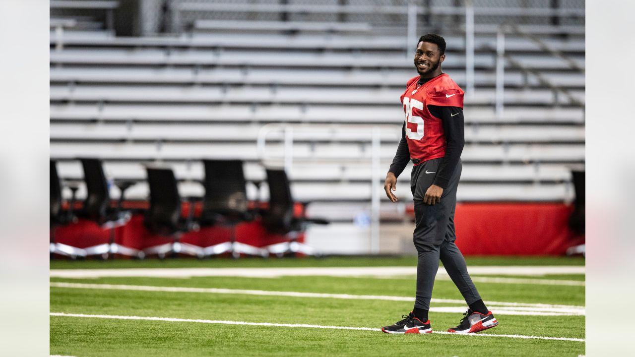 Tampa Bay Buccaneers cornerback Jamel Dean (35) walks off the field at  halftime during an NFL football game against the Seattle Seahawks at  Allianz Arena in Munich, Germany, Sunday, Nov. 13, 2022.