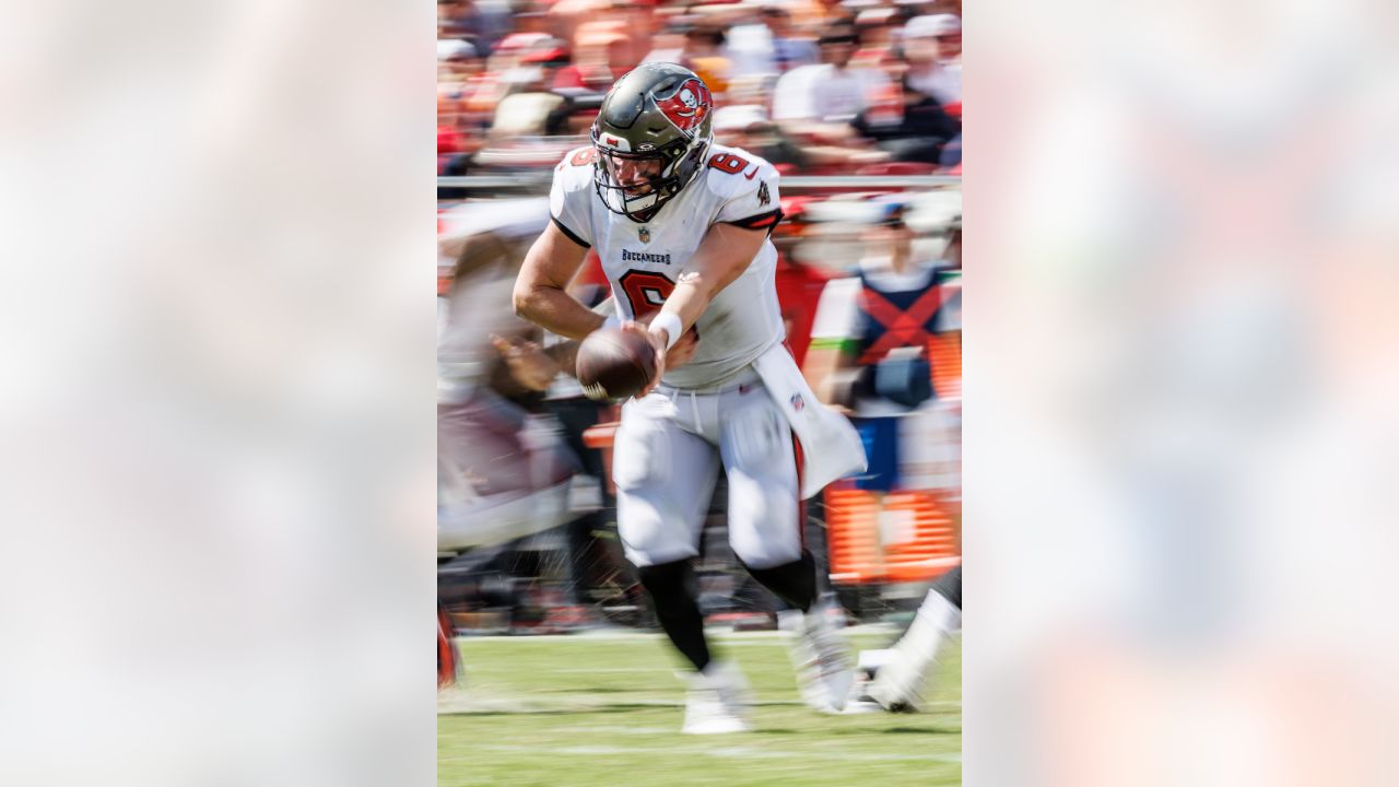 Chicago Bears defensive tackle Justin Jones (93) is held back by Tampa Bay  Buccaneers guard Cody Mauch (69) as Jones tries to stop a pass by Tampa Bay  Buccaneers quarterback Baker Mayfield (