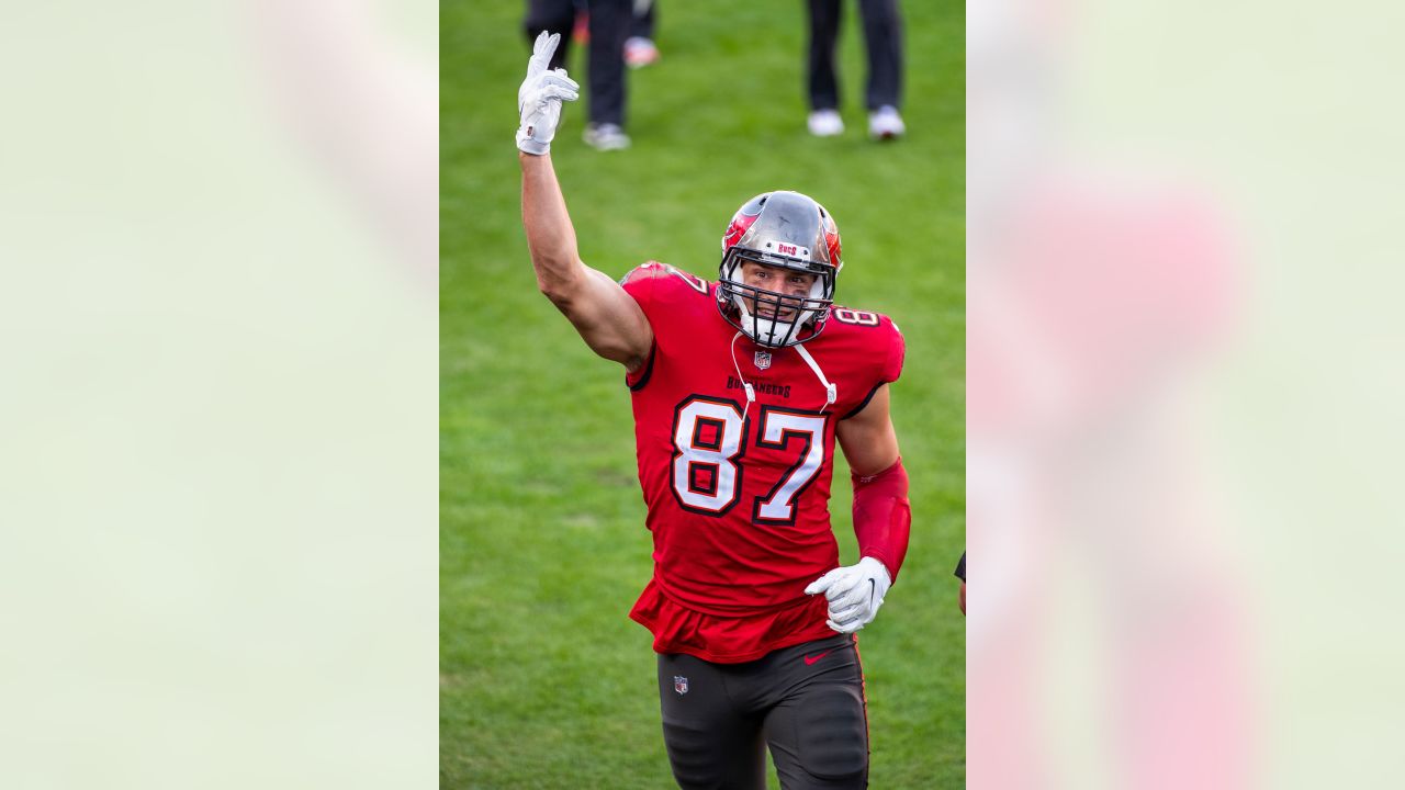 FILE - Tampa Bay Buccaneers tight end Rob Gronkowski (87) celebrates his  touchdown against the Philadelphia Eagles during the second half of an NFL  wild-card football game Sunday, Jan. 16, 2022, in