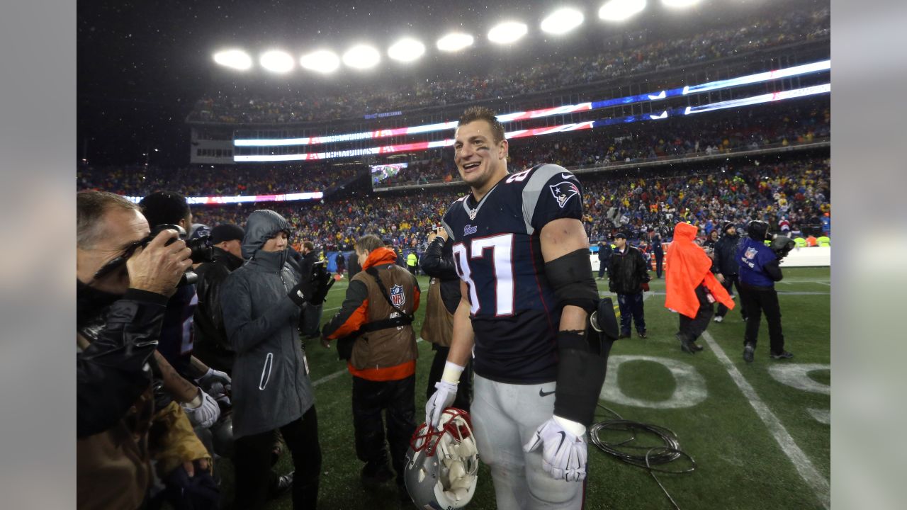 New England Patriots tight end Ron Gronkowski arrives on the field for  media day prior to Super Bowl XLVI in Indianapolis on January 31, 2012.  This is Gronkowski's first day without wearing