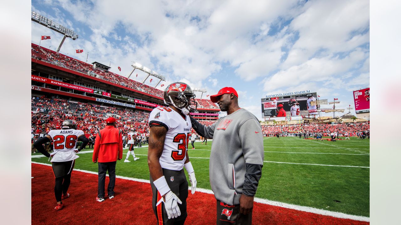 Tampa Bay Buccaneers cornerback Jamel Dean (35) walks off the field at  halftime during an NFL football game against the Seattle Seahawks at  Allianz Arena in Munich, Germany, Sunday, Nov. 13, 2022.