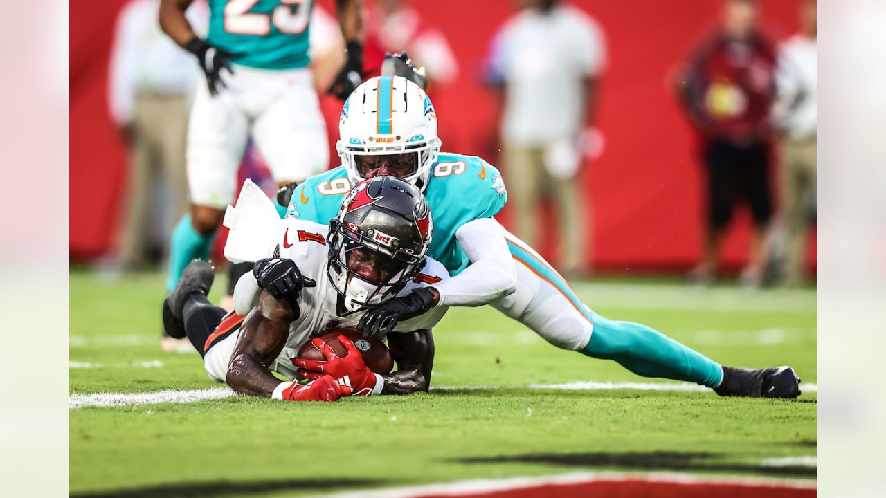 Miami Dolphins tight end Hunter Long (84) covers a kick during an NFL  football game against the Tampa Bay Buccaneers, Saturday, Aug. 13, 2022 in  Tampa, Fla. The Dolphins defeat the Buccaneers