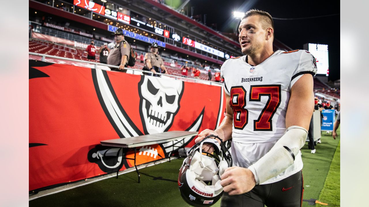 FILE - Tampa Bay Buccaneers tight end Rob Gronkowski (87) celebrates his  touchdown against the Philadelphia Eagles during the second half of an NFL  wild-card football game Sunday, Jan. 16, 2022, in