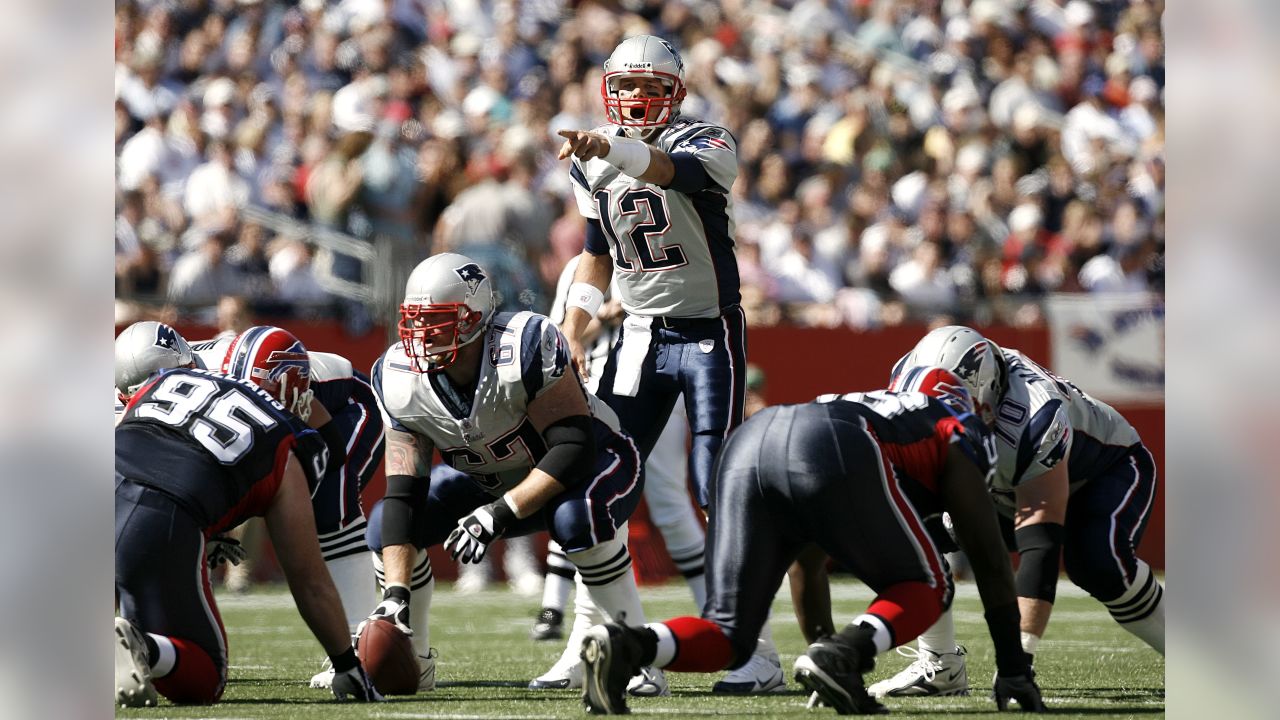 The New England Patriots, wearing their throwback uniforms, and the Detroit  Lions line up for the snap at the line of scrimmage during an NFL football  game at Gillette Stadium, Sunday, Oct.