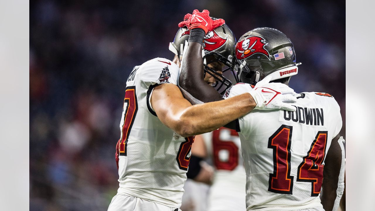 August 28, 2021: Tampa Bay Buccaneers wide receiver Mike Evans (13)  celebrates with wide receiver Chris Godwin (14) after a touchdown during an  NFL preseason game between the Houston Texans and the