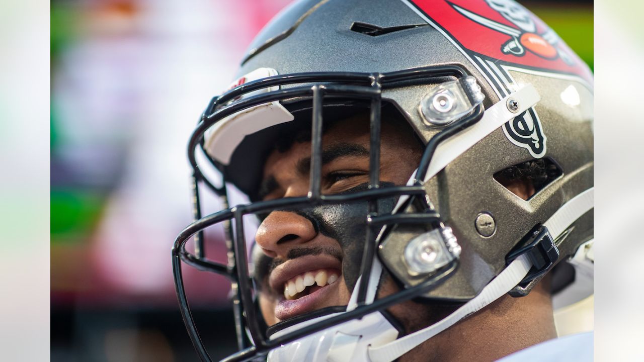 Tampa Bay Buccaneers offensive tackle Tristan Wirfs (78) gestures at the  end of an NFL wild-car …