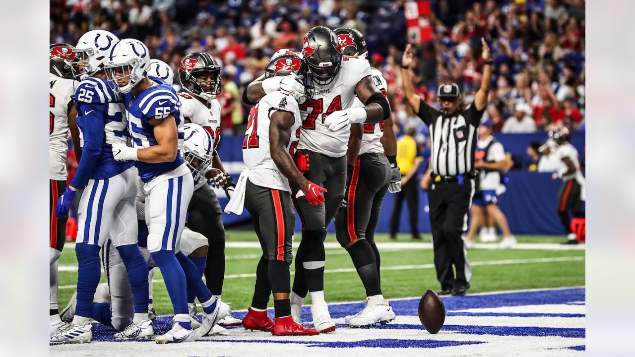 Tampa Bay Buccaneers inside linebacker Grant Stuard (48) lines up for a  kickoff return during an NFL football game against the Indianapolis Colts,  Sunday, Nov. 28, 2021, in Indianapolis. (AP Photo/Zach Bolinger