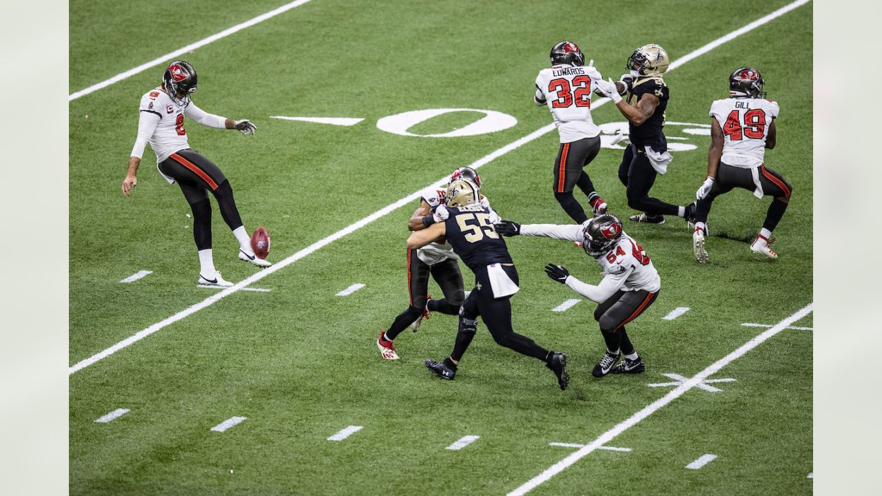 Bradley Pinion #8 Punter of Tampa Bay reacts during the NFL game