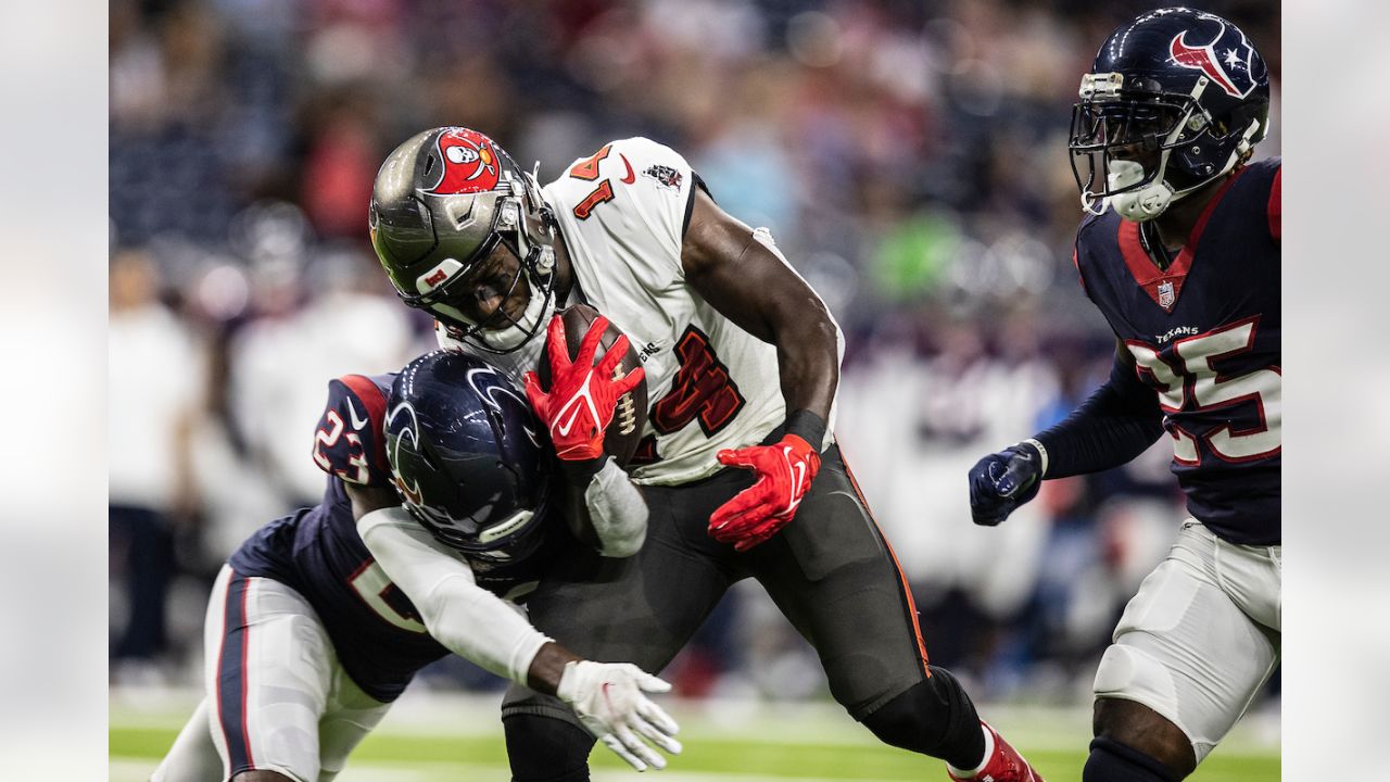 August 28, 2021: Tampa Bay Buccaneers wide receiver Mike Evans (13)  celebrates with wide receiver Chris Godwin (14) after a touchdown during an  NFL preseason game between the Houston Texans and the