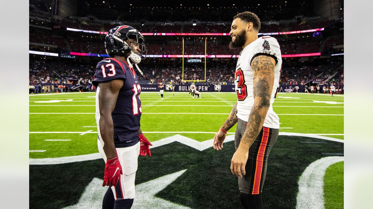 August 28, 2021: Tampa Bay Buccaneers wide receiver Mike Evans (13)  celebrates with wide receiver Chris Godwin (14) after a touchdown during an  NFL preseason game between the Houston Texans and the