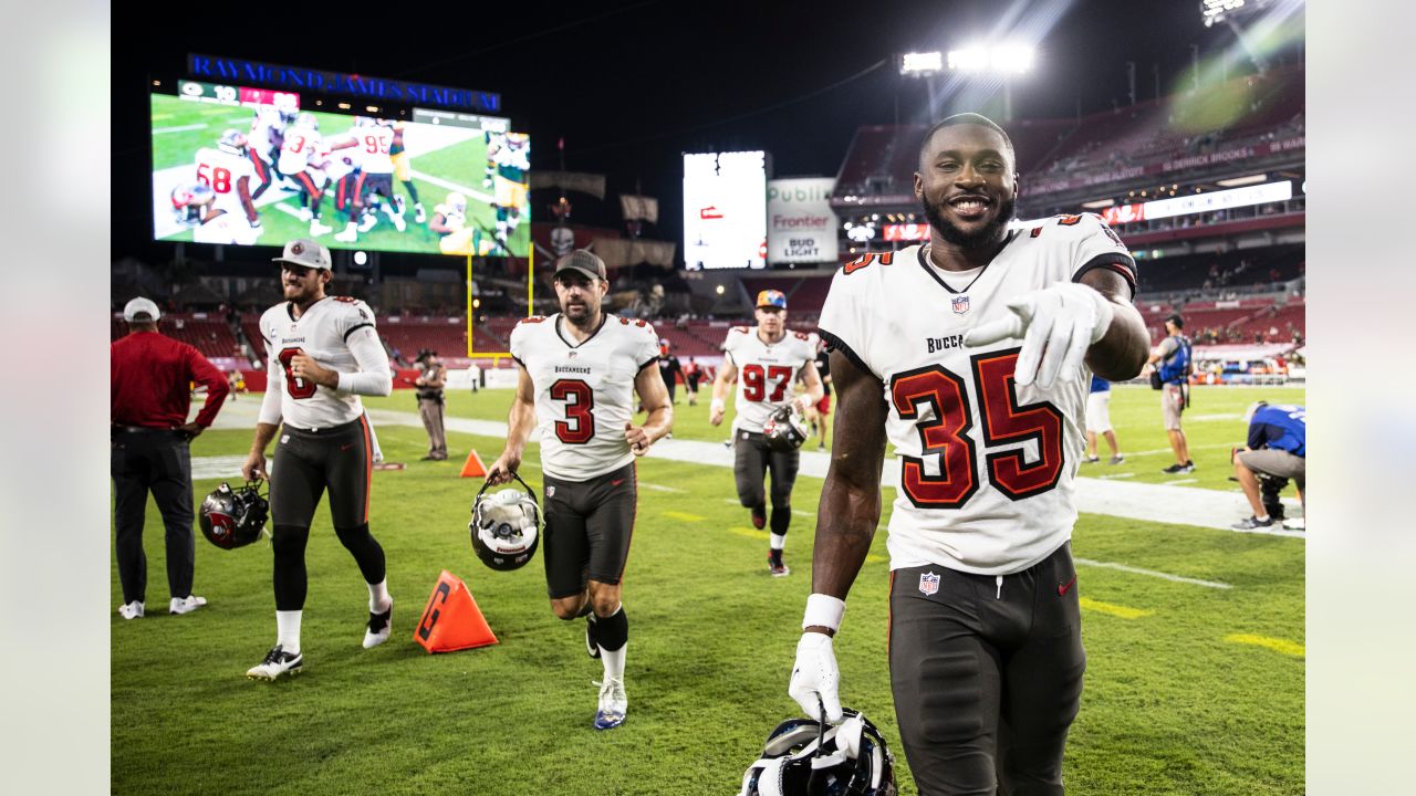 Tampa Bay Buccaneers cornerback Jamel Dean (35) walks off the field at  halftime during an NFL football game against the Seattle Seahawks at  Allianz Arena in Munich, Germany, Sunday, Nov. 13, 2022.