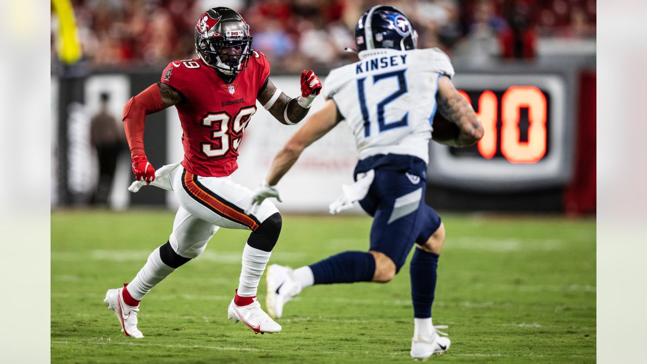 Tampa Bay Buccaneers linebacker Joe Tryon-Shoyinka (9) stretches out prior  to an NFL football game against the New England Patriots, Sunday, Oct. 3,  2021, in Foxborough, Mass. (AP Photo/Greg M. Cooper Stock