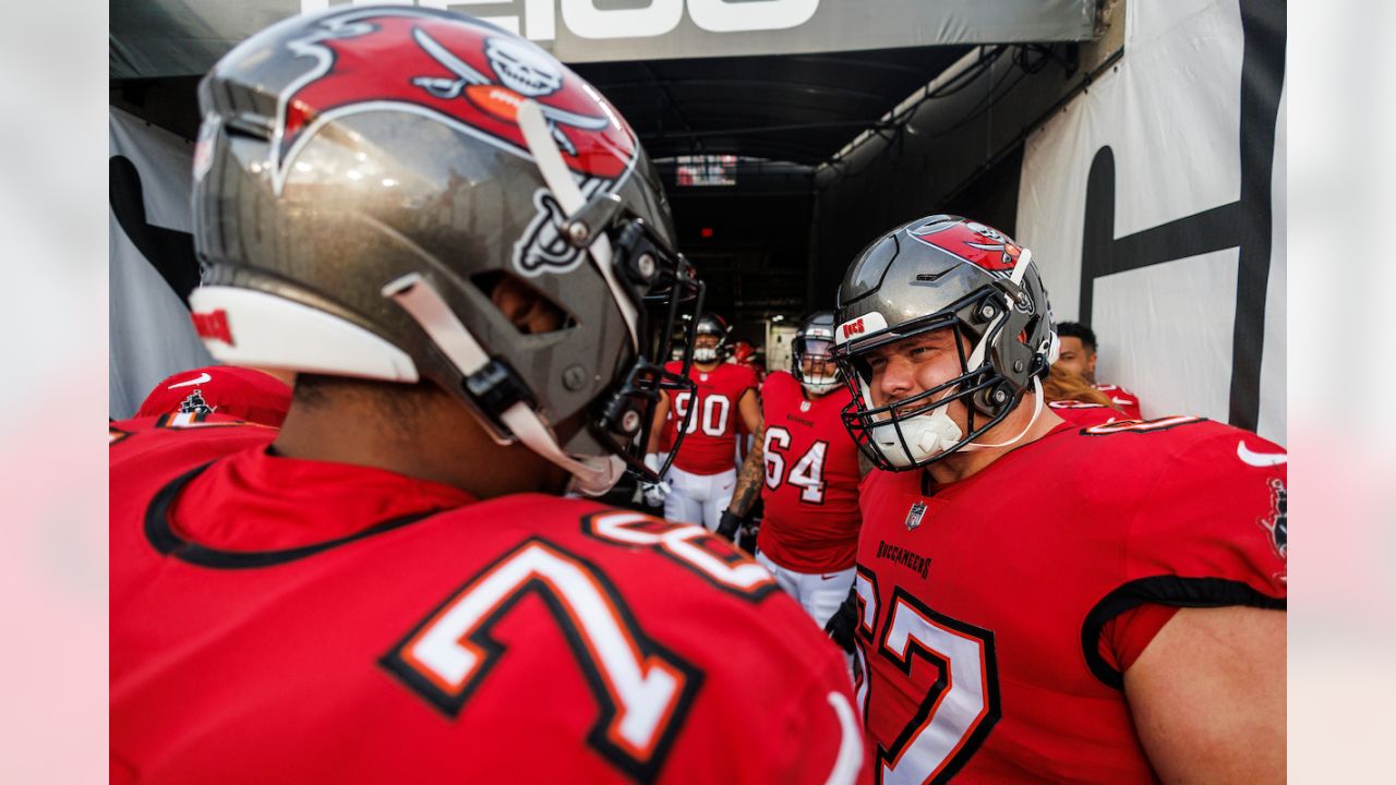 Tampa Bay Buccaneers guard Luke Goedeke (67) lines up during the first half  of an NFL football game against the Atlanta Falcons, Sunday, Jan. 8, 2023,  in Atlanta. The Atlanta Falcons won