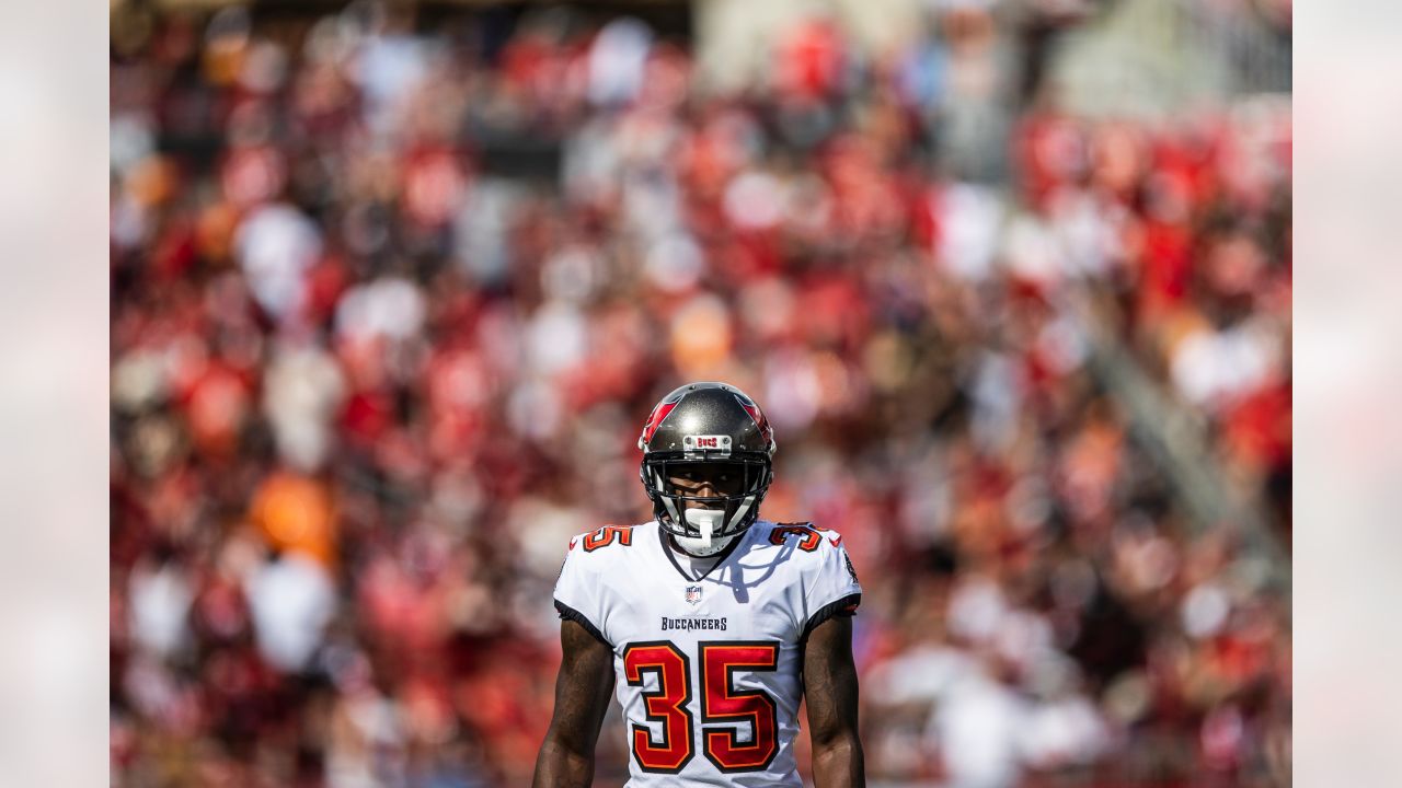 Tampa Bay Buccaneers cornerback Jamel Dean (35) walks off the field at  halftime during an NFL football game against the Seattle Seahawks at  Allianz Arena in Munich, Germany, Sunday, Nov. 13, 2022.