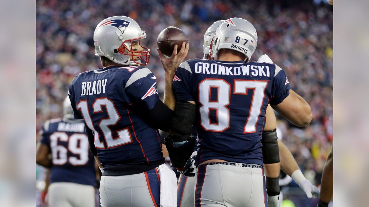 New England Patriots quarterback Tom Brady (12) and tight end Rob  Gronkowski (87) celebrate a touchdown, during the second half of the NFL  Super Bowl 52 football game against the Philadelphia Eagl …