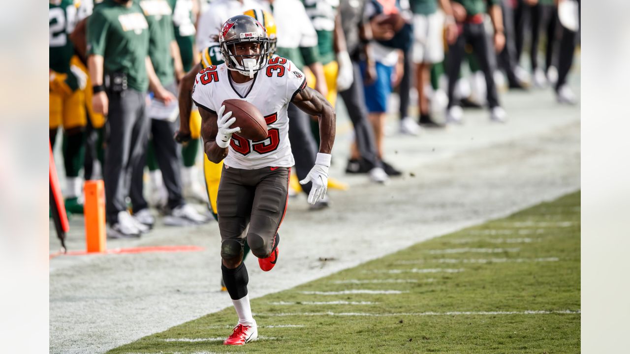 Tampa Bay Buccaneers cornerback Jamel Dean (35) walks off the field at  halftime during an NFL football game against the Seattle Seahawks at  Allianz Arena in Munich, Germany, Sunday, Nov. 13, 2022.