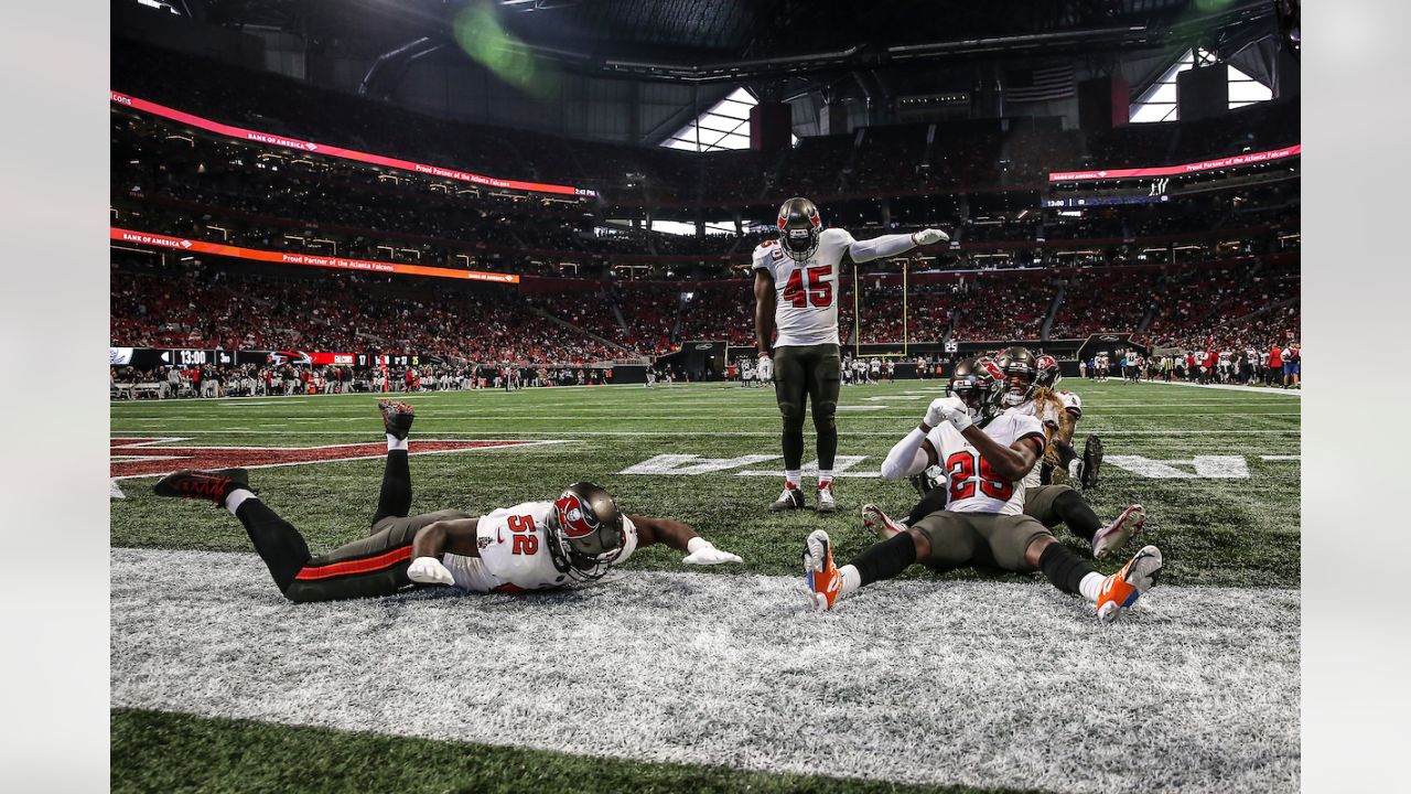 Tampa Bay Buccaneers cornerback Sean Murphy-Bunting (23) breaks up a pass  intended for Atlanta Falcons wide receiver Olamide Zaccheaus (17) during  the second half of an NFL football game, Sunday, Jan. 8