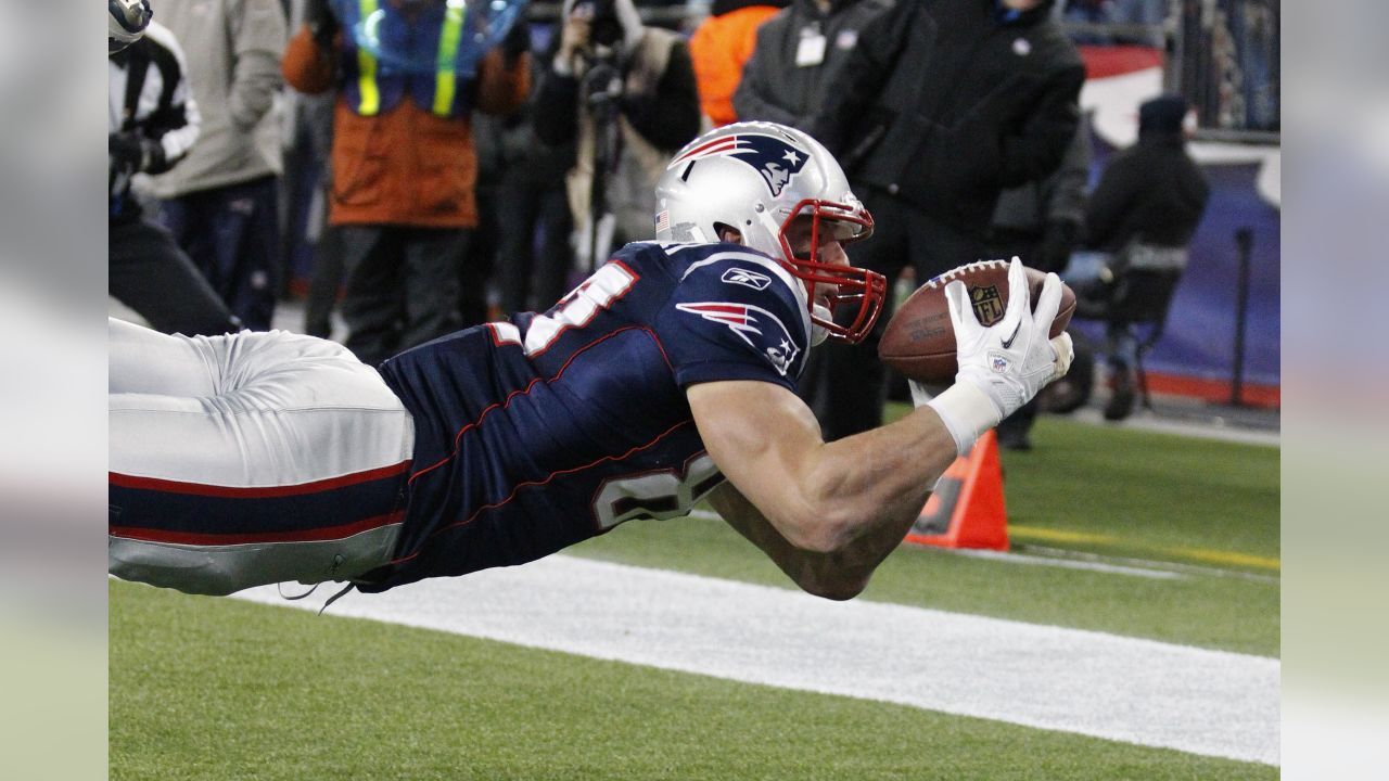 New England Patriots tight end Aaron Hernandez (85) celebrates in the  endzone after scoring on a 10-yard touchdown reception in the fourth  quarter against the Green Bay Packers at Gillette Stadium in Foxboro,  Massachusetts on December 19, 2010. The