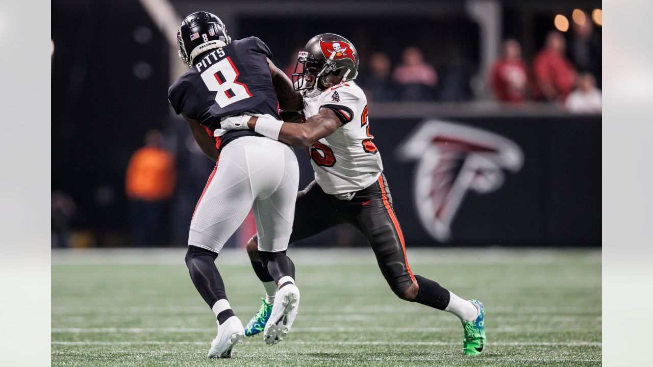 Tampa Bay Buccaneers cornerback Jamel Dean (35) walks off the field at  halftime during an NFL football game against the Seattle Seahawks at  Allianz Arena in Munich, Germany, Sunday, Nov. 13, 2022.