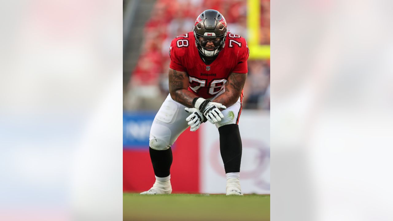 Tampa Bay Buccaneers offensive tackle Tristan Wirfs (78) gestures at the  end of an NFL wild-car …