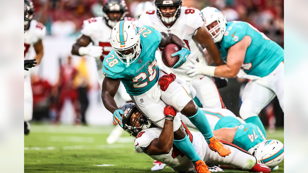 Miami Dolphins linebacker Darius Hodge (41) fakes a blitz before dropping  back in coverage during an NFL football game against the Tampa Bay  Buccaneers, Saturday, Aug. 13, 2022 in Tampa, Fla. The