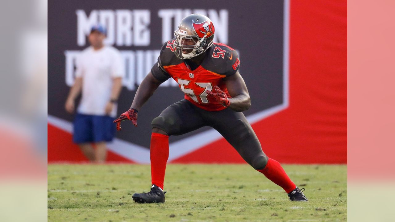 Tampa Bay Buccaneers' Noah Spence (57) lines up against the Dallas