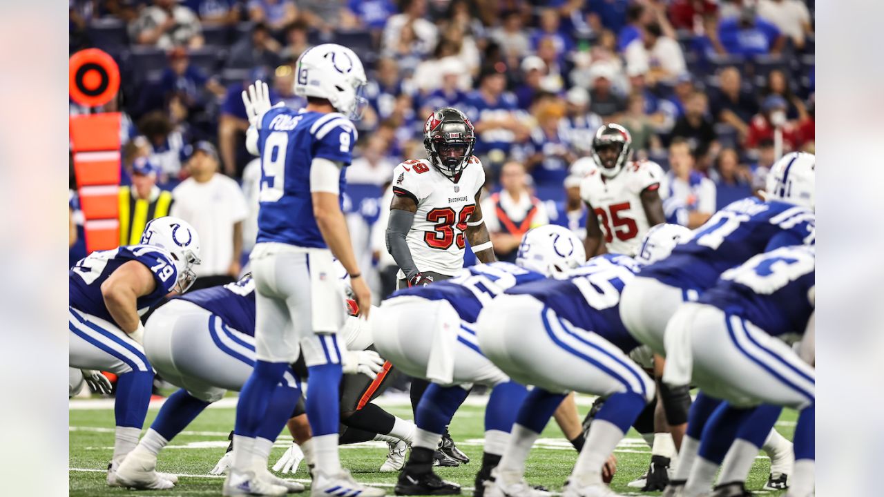 Tampa Bay Buccaneers inside linebacker Grant Stuard (48) lines up for a  kickoff return during an NFL football game against the Indianapolis Colts,  Sunday, Nov. 28, 2021, in Indianapolis. (AP Photo/Zach Bolinger