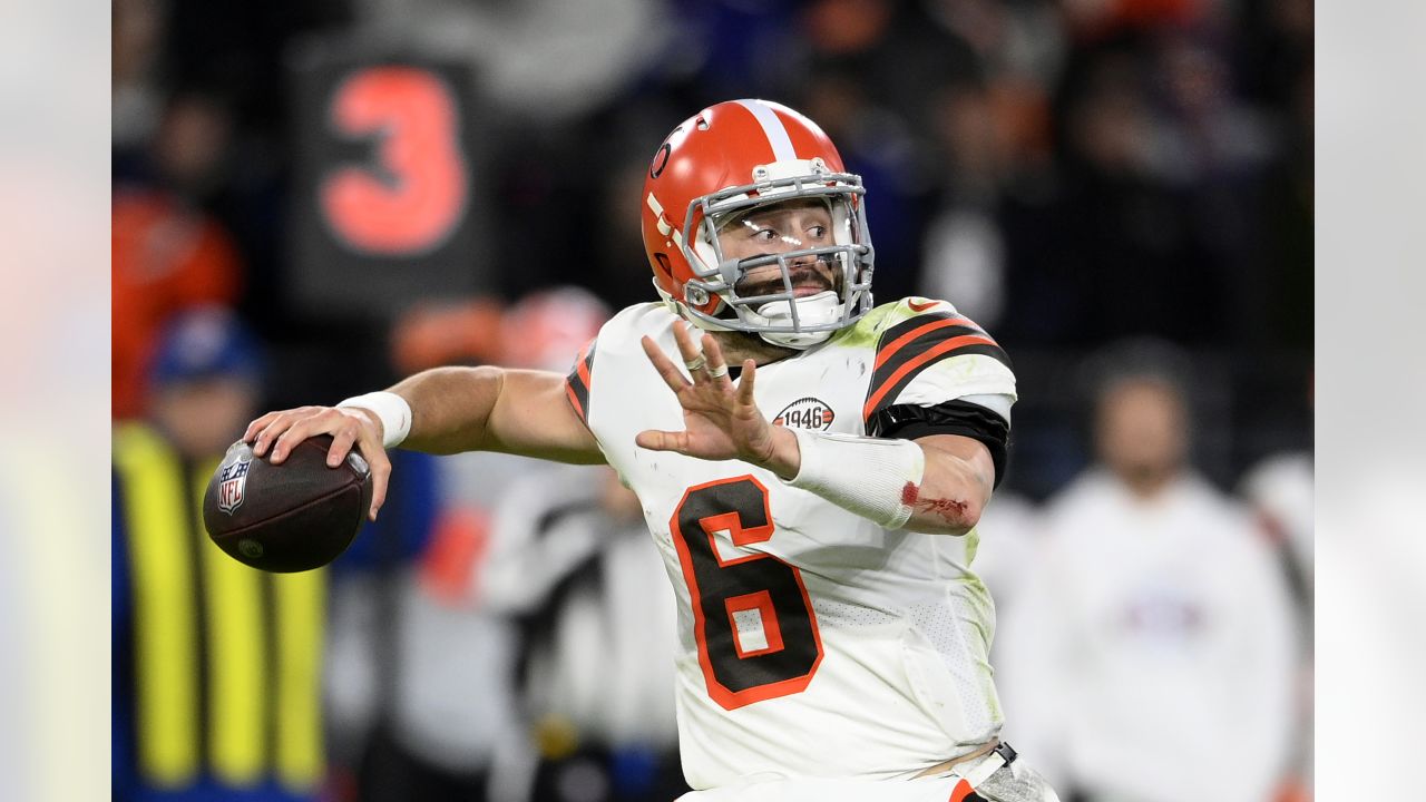 FILE - In this Nov. 24, 2019, file photo, Cleveland Browns quarterback  Baker Mayfield (6) looks to pass in the first quarter of an NFL football  game against the Miami Dolphins in